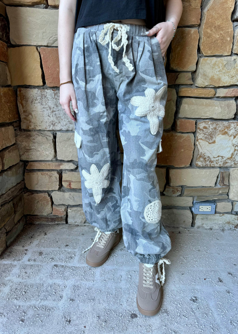 Boho Camo Crochet Cargo Pants | Unique Floral Patch Joggers