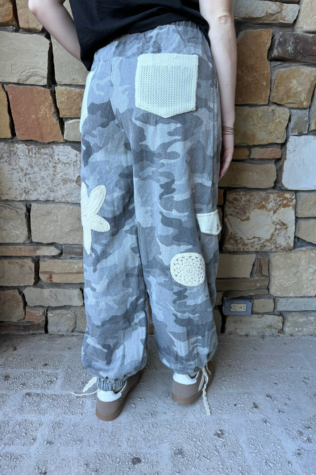 Boho Camo Crochet Cargo Pants | Unique Floral Patch Joggers