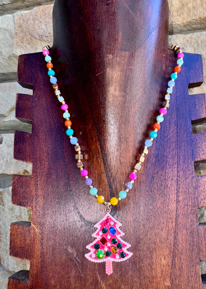 Pink Beaded Christmas Tree Necklace