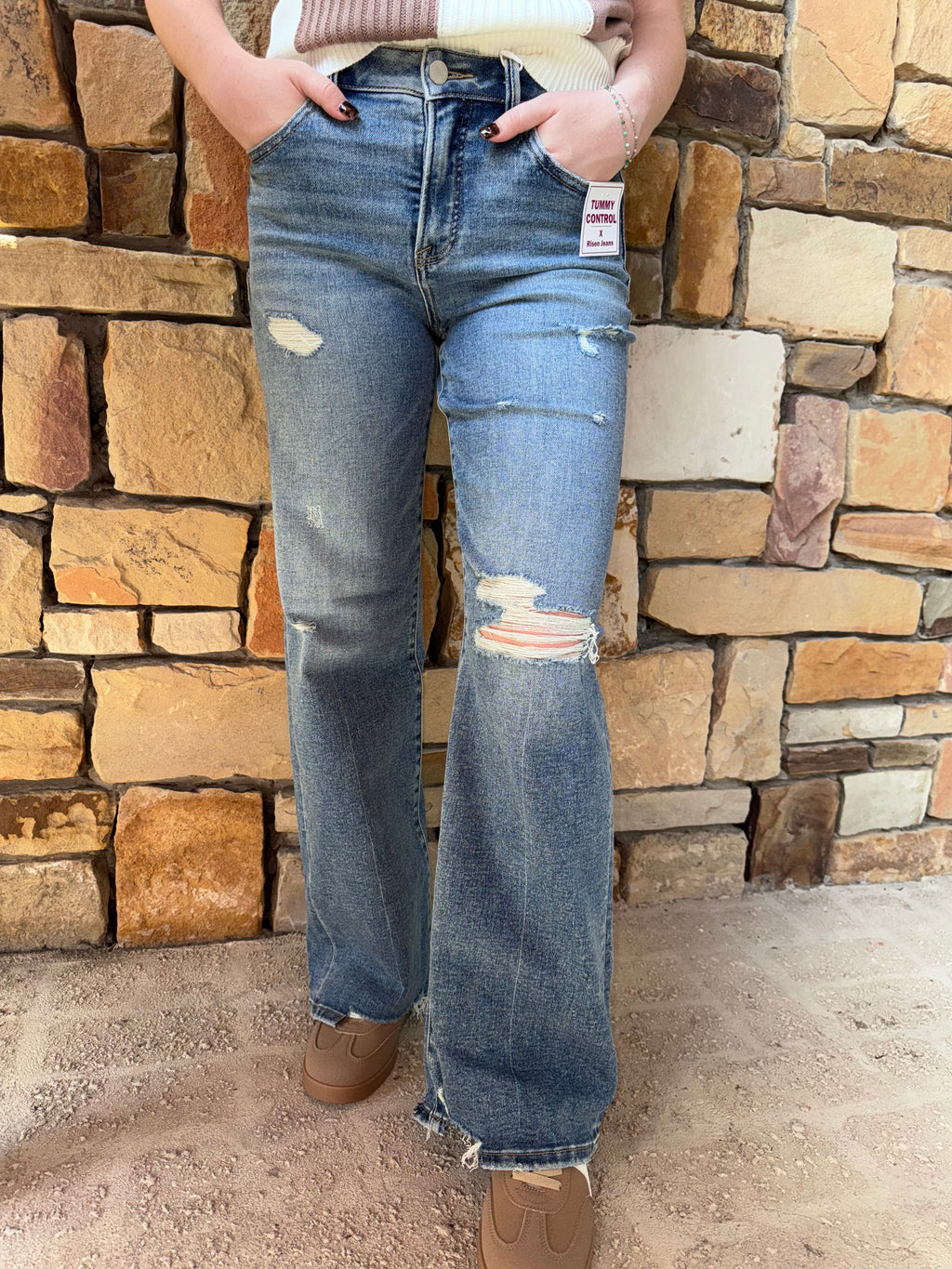 Risen Distressed Wide Leg Jeans